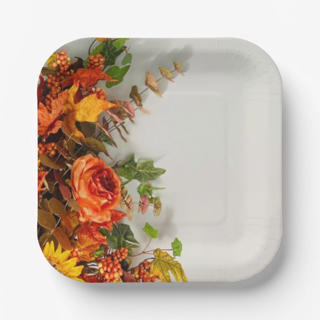 Thanksgiving Florals Square Paper Plate (Front)