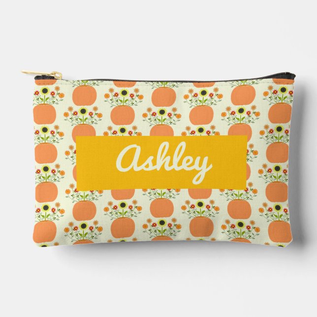 Thanksgiving Flowers in Pumpkin Custom Name Accessory Pouch (Front)