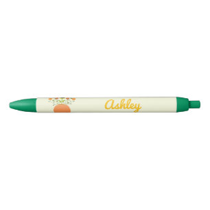Thanksgiving Flowers in Pumpkin Custom Name Blue Ink Pen