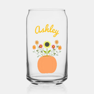 Thanksgiving Flowers in Pumpkin Custom Name Can Glass