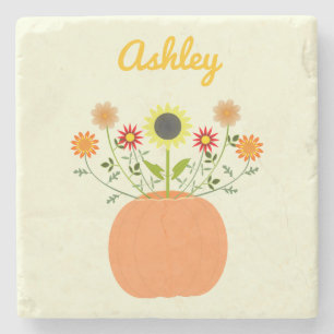 Thanksgiving Flowers in Pumpkin Custom Name Stone Coaster