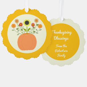 Thanksgiving Flowers in Pumpkin Custom Tree Decoration Card