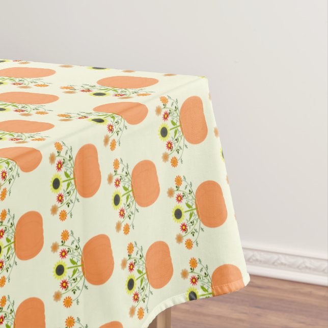Thanksgiving Flowers in Pumpkin Patterned Tablecloth (In Situ)