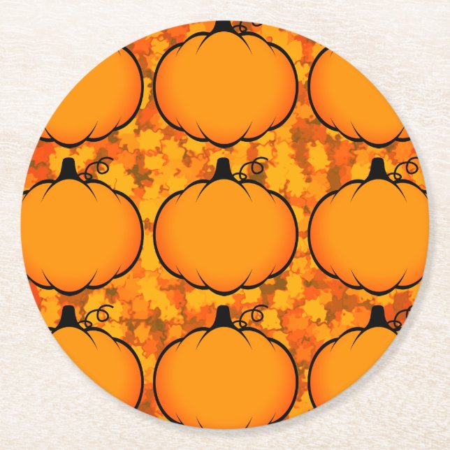 Thanksgiving Foliage Pumpkin Drawing Round Paper Coaster (Front)