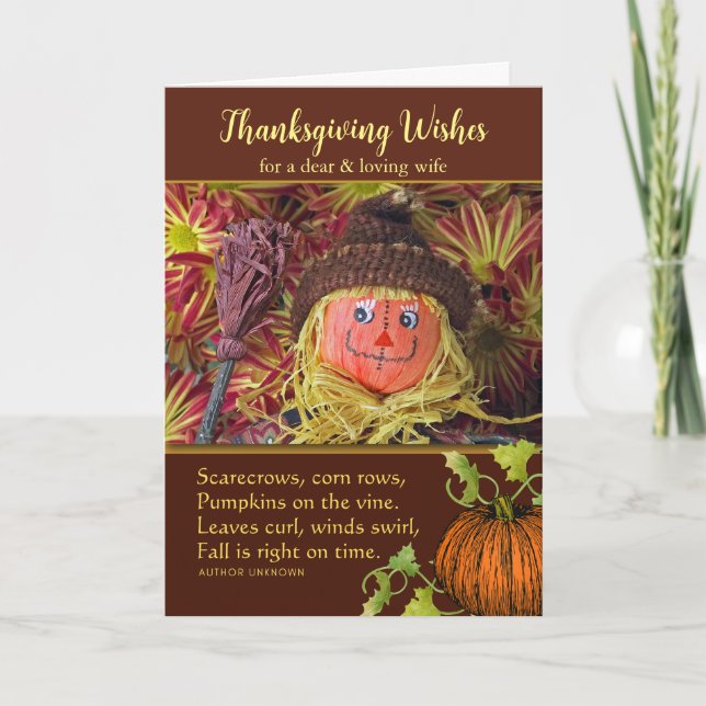 Thanksgiving for Wife Cute Harvest Scarecrow Holiday Card (Front)