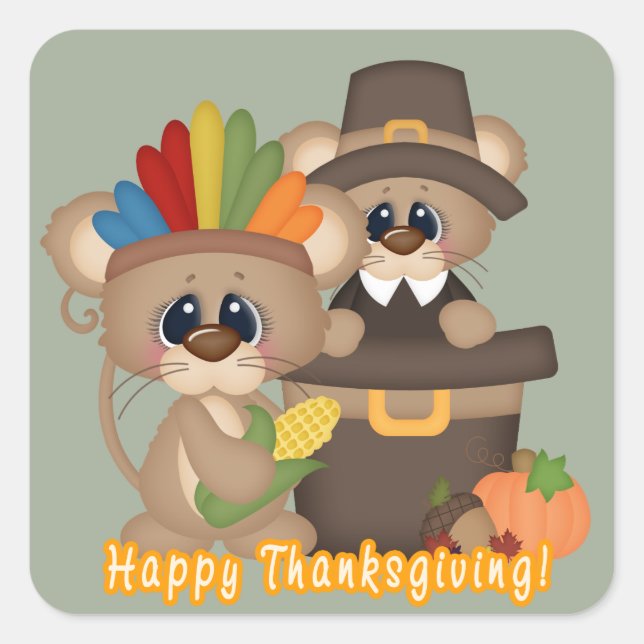 Thanksgiving friends Holiday pilgrim Indian mice Square Sticker (Front)