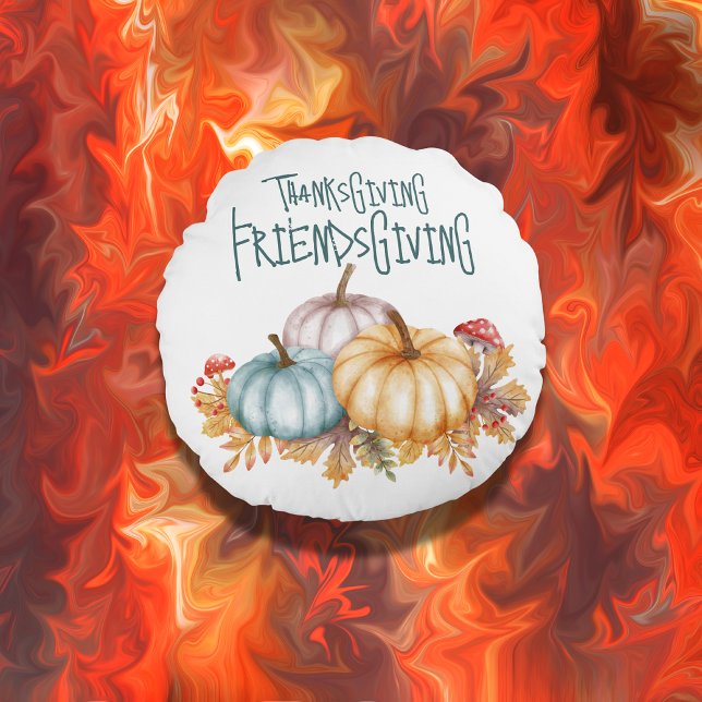 Thanksgiving Friendsgiving Colourful on White | Round Cushion (Creator Uploaded)