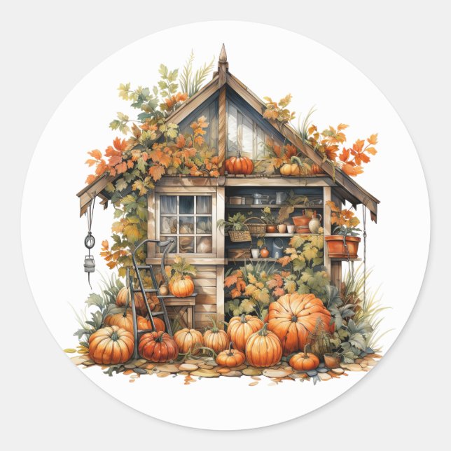 Thanksgiving Garden Shed Illustration Classic Round Sticker (Front)