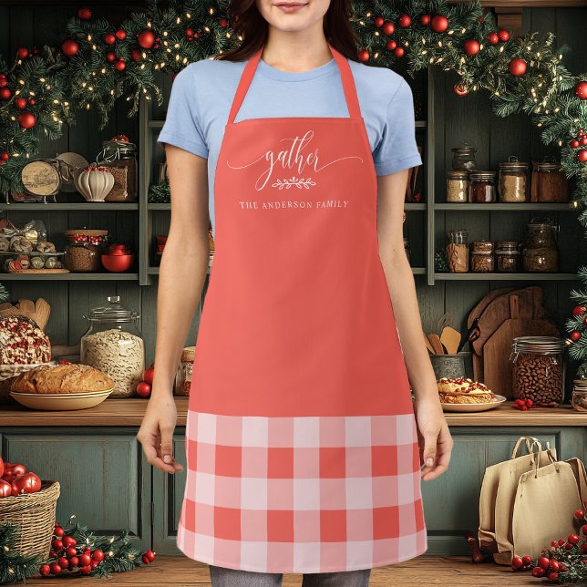 Thanksgiving Gather Fall Coral & White Plaid Apron (Creator Uploaded)
