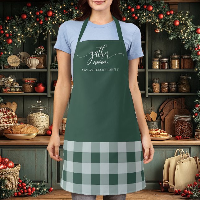 Thanksgiving Gather Fall Green & White Plaid Apron (Creator Uploaded)