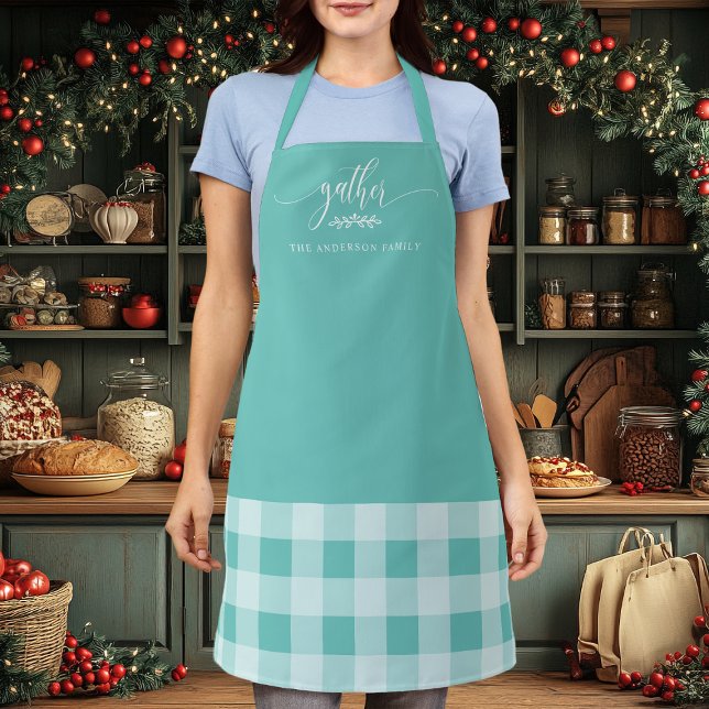 Thanksgiving Gather Fall Teal & White Plaid Apron (Creator Uploaded)