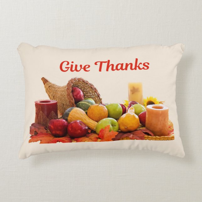 Thanksgiving 'Give Thanks' Cornucopia Decorative Cushion (Front)