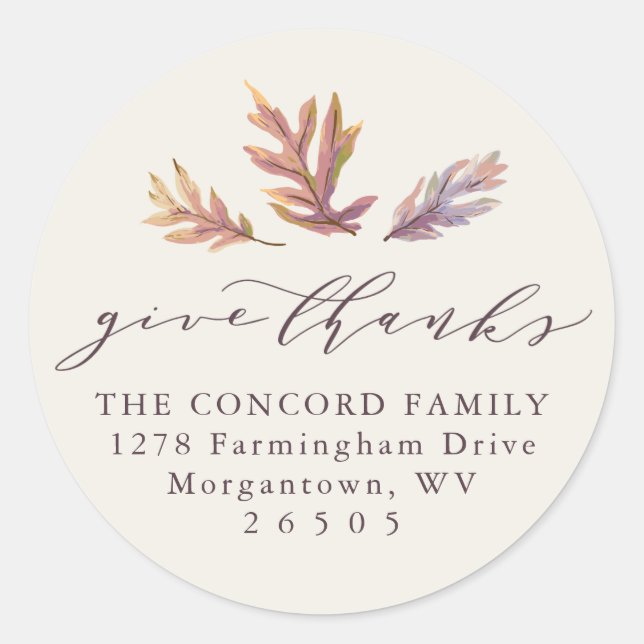 Thanksgiving give thanks fall leaves  address classic round sticker (Front)