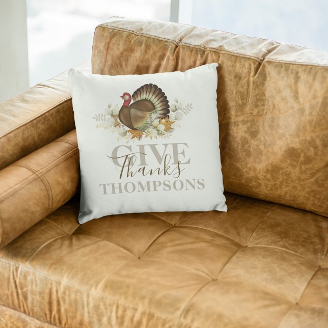 Thanksgiving Give Thanks Fall Personalised Cushion (A thanksgiving watercolor turkey throw pillow. )