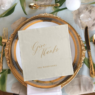 Thanksgiving give thanks gold script family name foil napkins