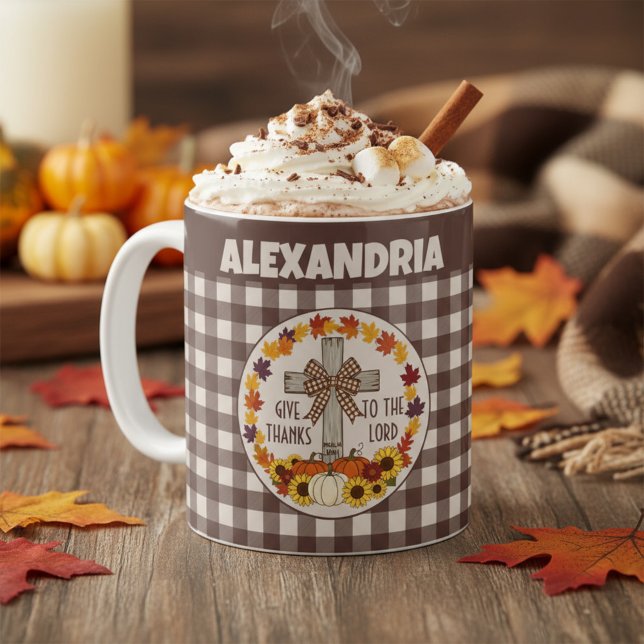 Thanksgiving Give Thanks To The Lord Brown Plaid Coffee Mug (Creator Uploaded)