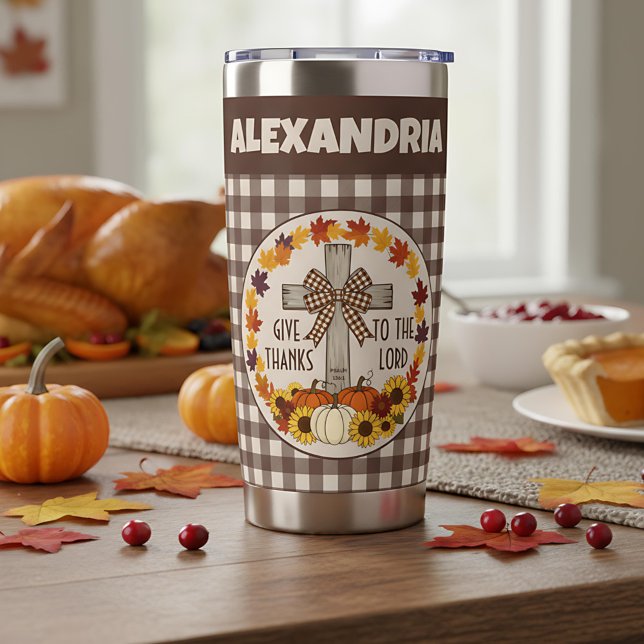 Thanksgiving Give Thanks To The Lord Brown Plaid Insulated Tumbler (Creator Uploaded)