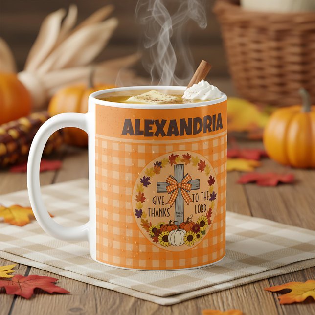 Thanksgiving Give Thanks To The Lord Orange Plaid Coffee Mug (Creator Uploaded)