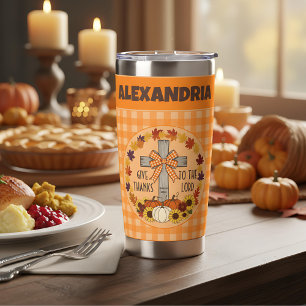 Thanksgiving Give Thanks To The Lord Orange Plaid Insulated Tumbler
