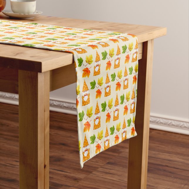 Thanksgiving Gnome and Fall Leaves on Beige Short Table Runner (In Situ)