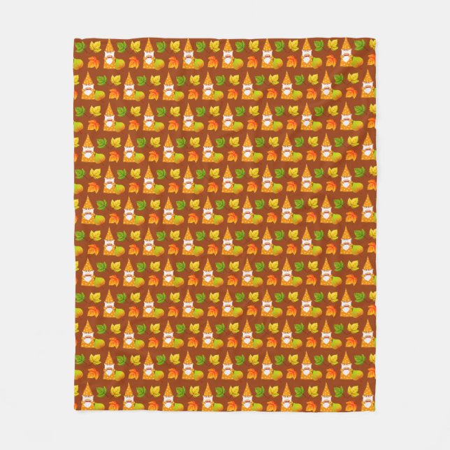 Thanksgiving Gnome and Fall Leaves on Brown Fleece Blanket (Front)