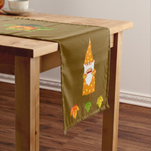 Thanksgiving Gnome and Fall Leaves on Brown Short Table Runner