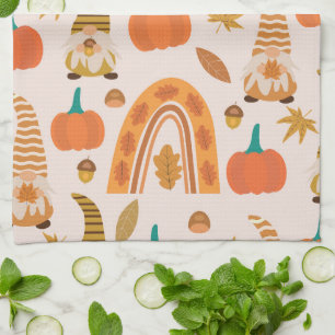 Thanksgiving Gnomes With Pumpkins and Leaves Tea Towel