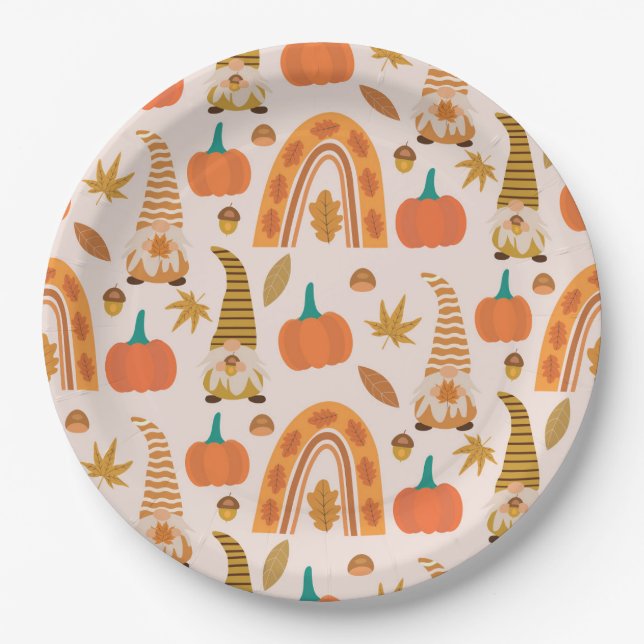 Thanksgiving Gnomes with Rainbow And Autumn Leaves Paper Plate (Front)