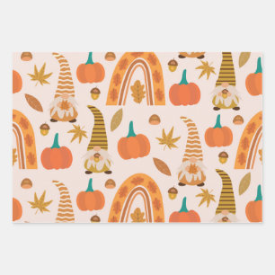 Thanksgiving Gnomes with Rainbow and Autumn Leaves Wrapping Paper Sheet