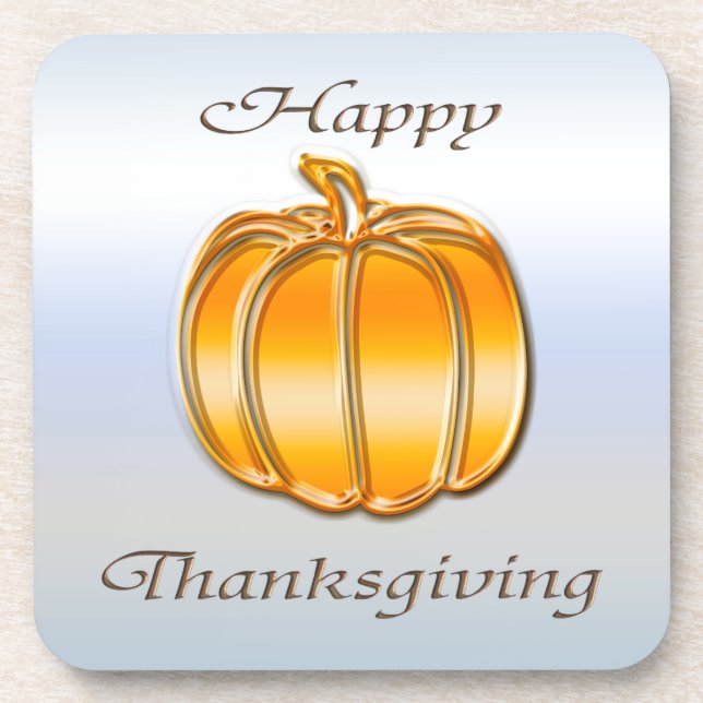 Thanksgiving Golden Pumpkin on Silver Background Coaster (Front)
