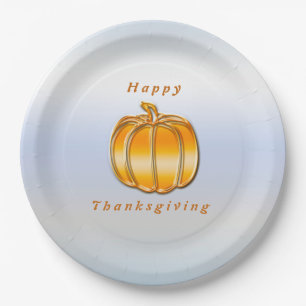 Thanksgiving Golden Pumpkin on Silver Background Paper Plate