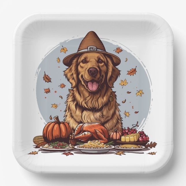 Thanksgiving Golden Retriever Dog Paper Plate (Front)