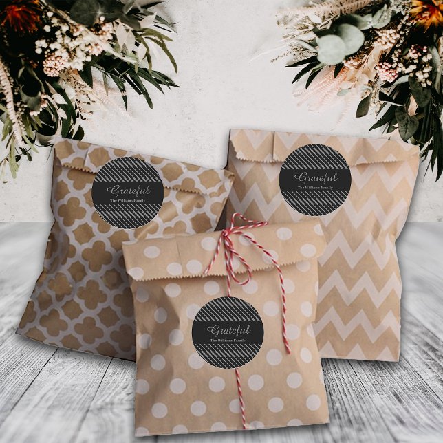 Thanksgiving Grateful Black Grey Lines Custom Name Classic Round Sticker (Creator Uploaded)