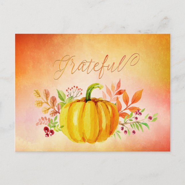Thanksgiving "Grateful" Watercolors Holiday Postcard (Front)