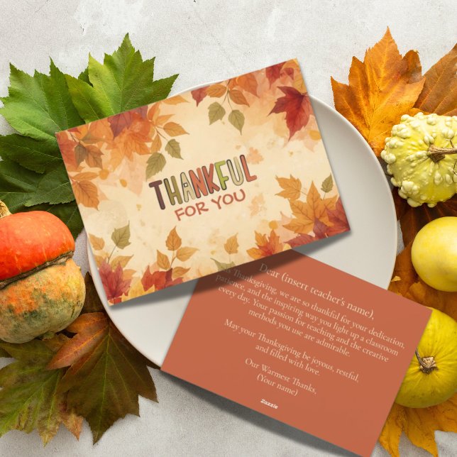Thanksgiving Gratitude Appreciation For Teachers Holiday Card (Autumn Leaves Teacher Appreciation Gratitude Thanksgiving card. A personal message goes on the back.)