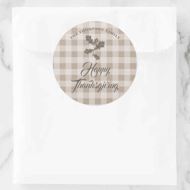 Thanksgiving Gratitude Family Name Taupe Plaid Classic Round Sticker (Bag)