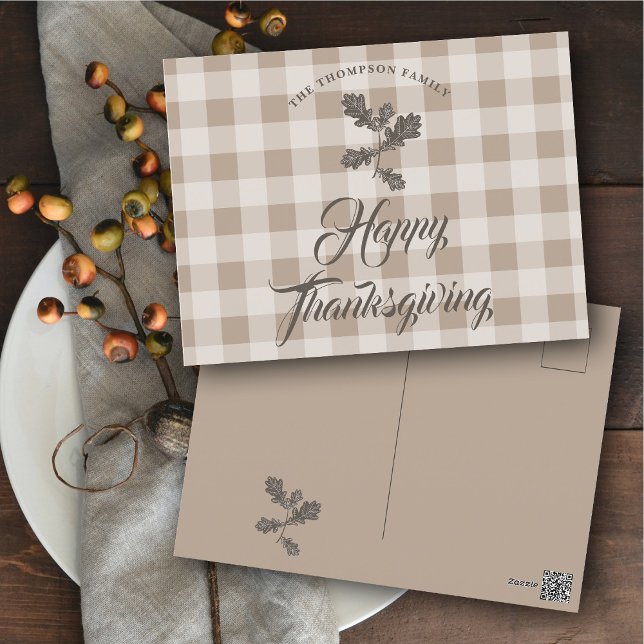 Thanksgiving Gratitude Family Name Taupe Plaid Holiday Postcard (Thanksgiving Gratitude Family Name Taupe Plaid Holiday Postcard)