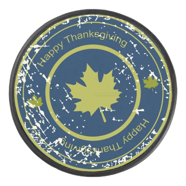 Thanksgiving Green  Maple Leaf, Ice Hockey Puck (Front)