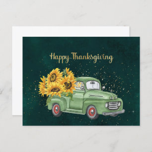 Thanksgiving Green Truck Sunflowers Business Holiday Postcard