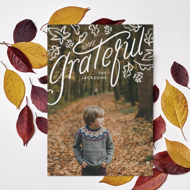 Thanksgiving hand-lettered grateful leaves photo holiday card (Creator Uploaded)