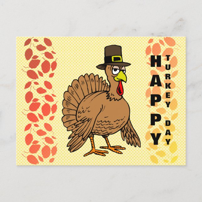 Thanksgiving Happy Turkey Day Cute Pilgrim Cartoon Holiday Postcard (Front)