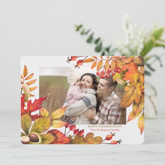 Thanksgiving Harvest Leaves Berries Horz Photo  Holiday Card (Standing Front)