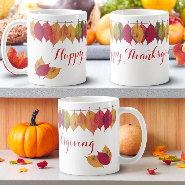 Thanksgiving Holiday Colourful Autumn Leaves Borde Coffee Mug (All around view of template text ceramic mug)