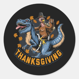 thanksgiving holiday turkey riding a tyrannosaurus classic round sticker