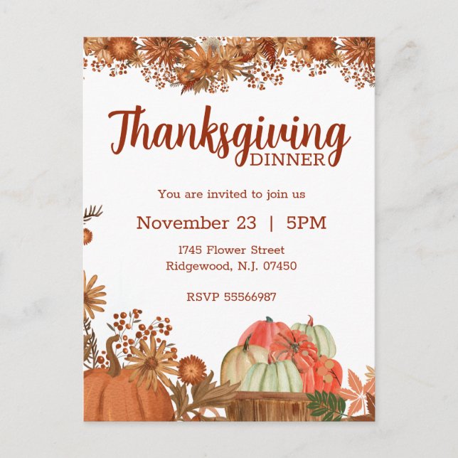 Thanksgiving Invitation Harvest Fall Design Postcard (Front)