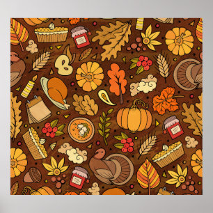 Thanksgiving items: cartoon colourful pattern. poster