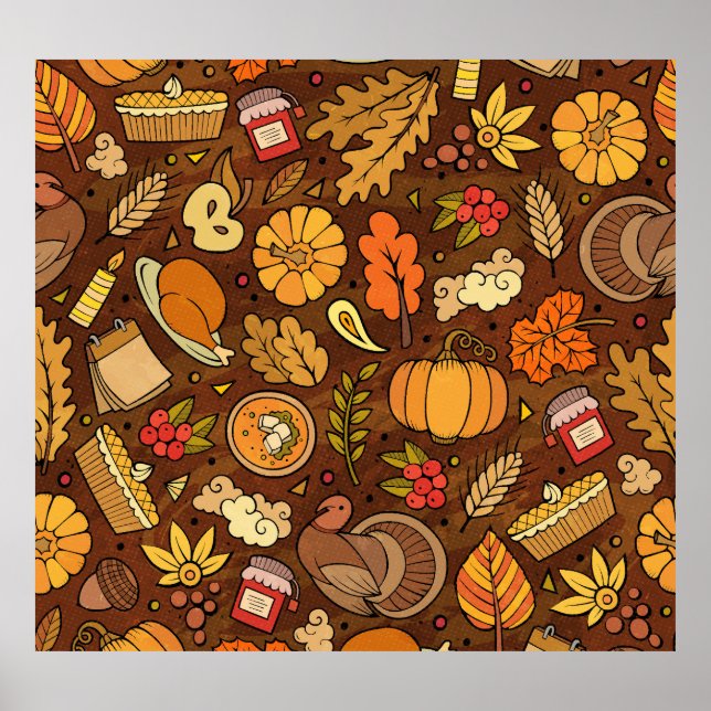 Thanksgiving items: cartoon colourful pattern. poster (Front)