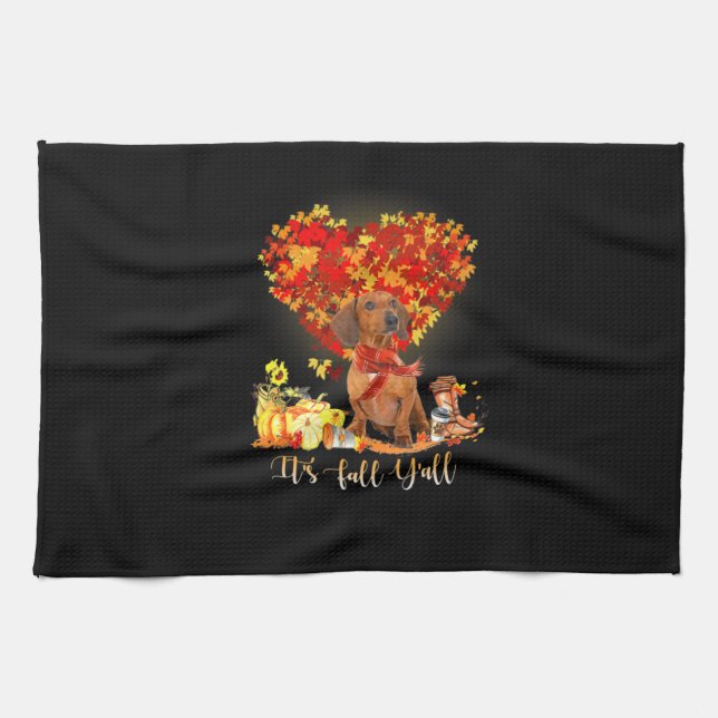 Thanksgiving It's Fall Y'all Dachshund Tea Towel (Horizontal)