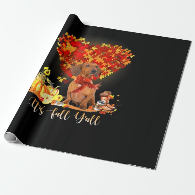 Thanksgiving It's Fall Y'all Dachshund Wrapping Paper (Unrolled)