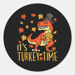Thanksgiving Its Turkey Time Fall Leaf Dinosaur 1 Classic Round Sticker